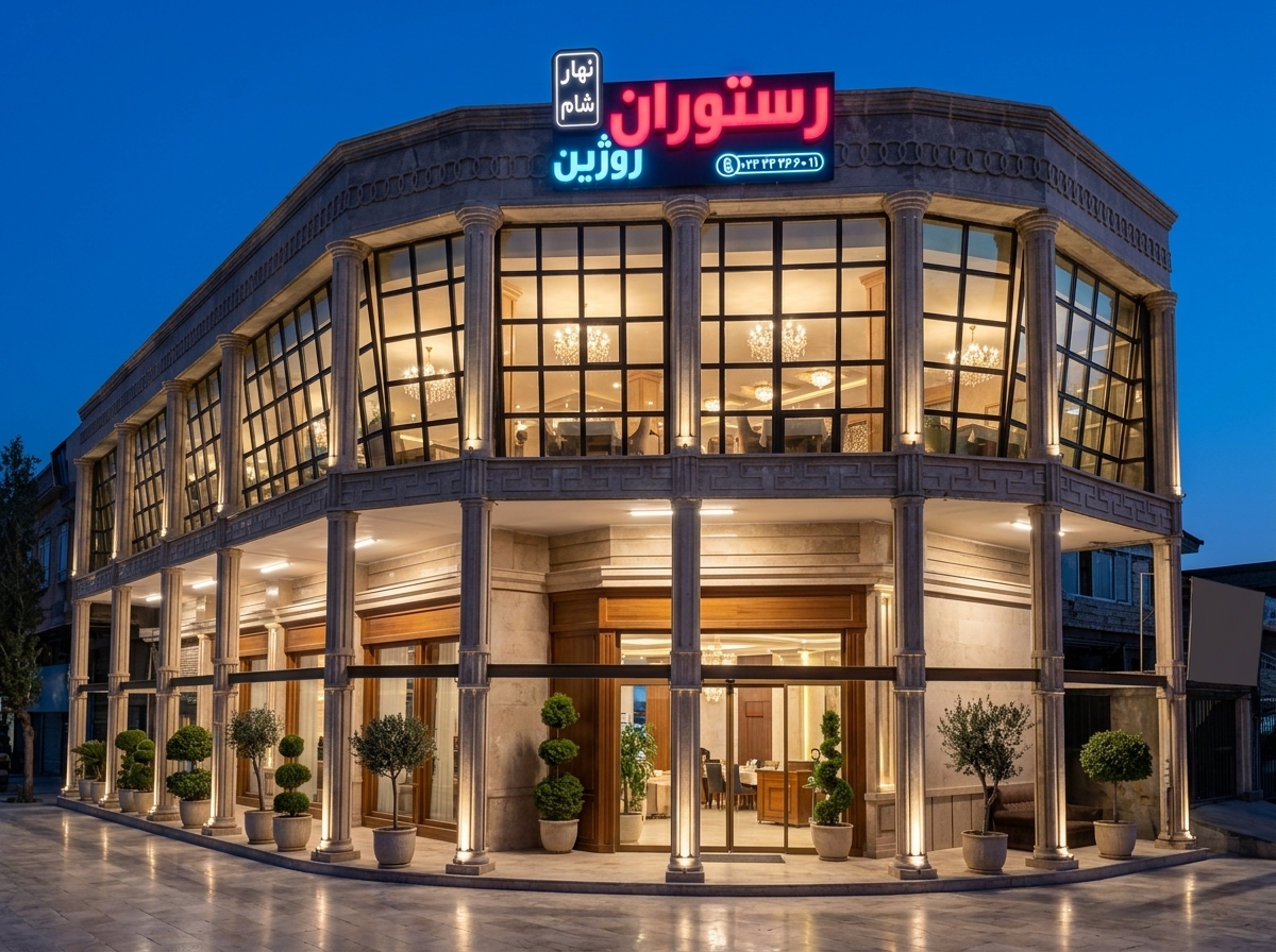 عمارت مجلل رستوران روژین مهستان در شب